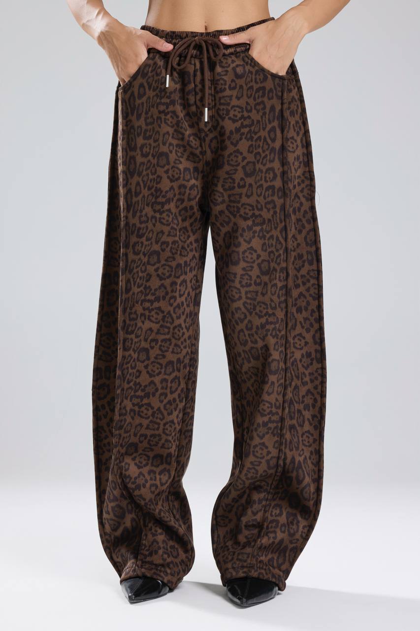 Kadın Leopar Süet Kumaş Beli Lastikli Tasarım Pantolon