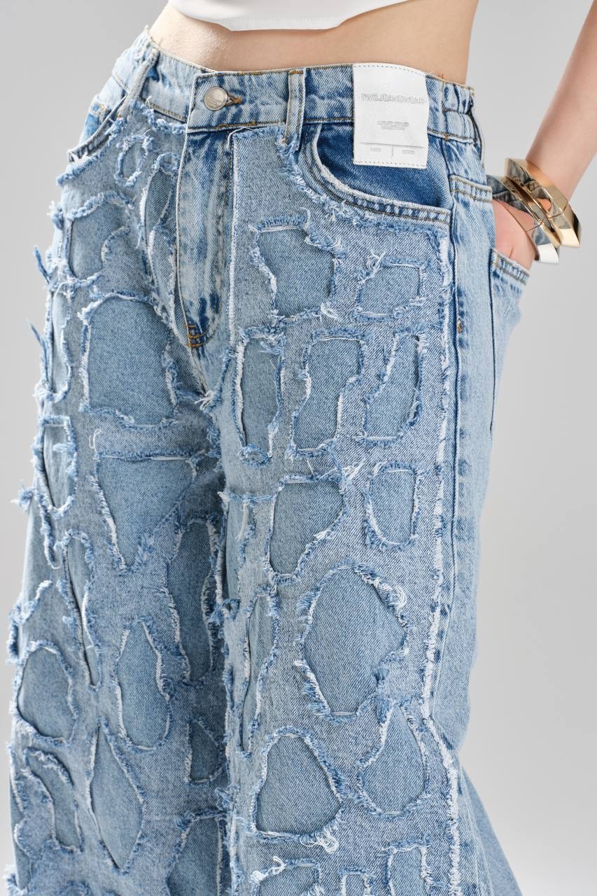 Kadın Denim Aplikeli Tasarım Palazzo Jean