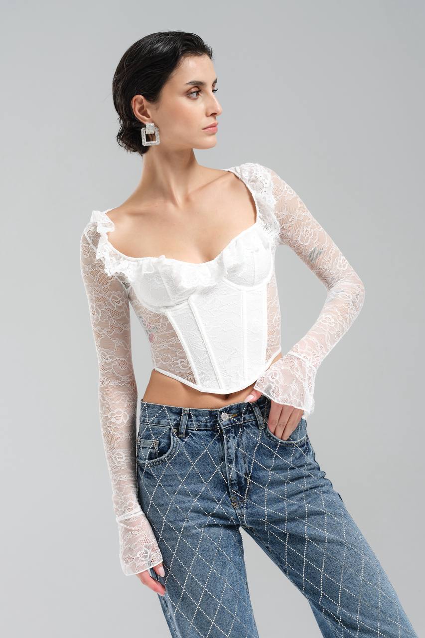Kadın Dantel Kumaş Ön Kısmı Korse Arka Kısmı Dantel Tasarım Crop Bluz