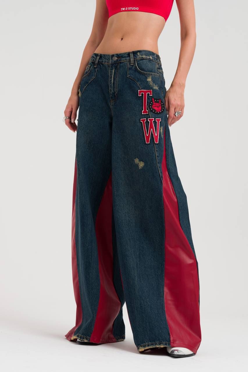 Leather Detailed Wide Leg Jean