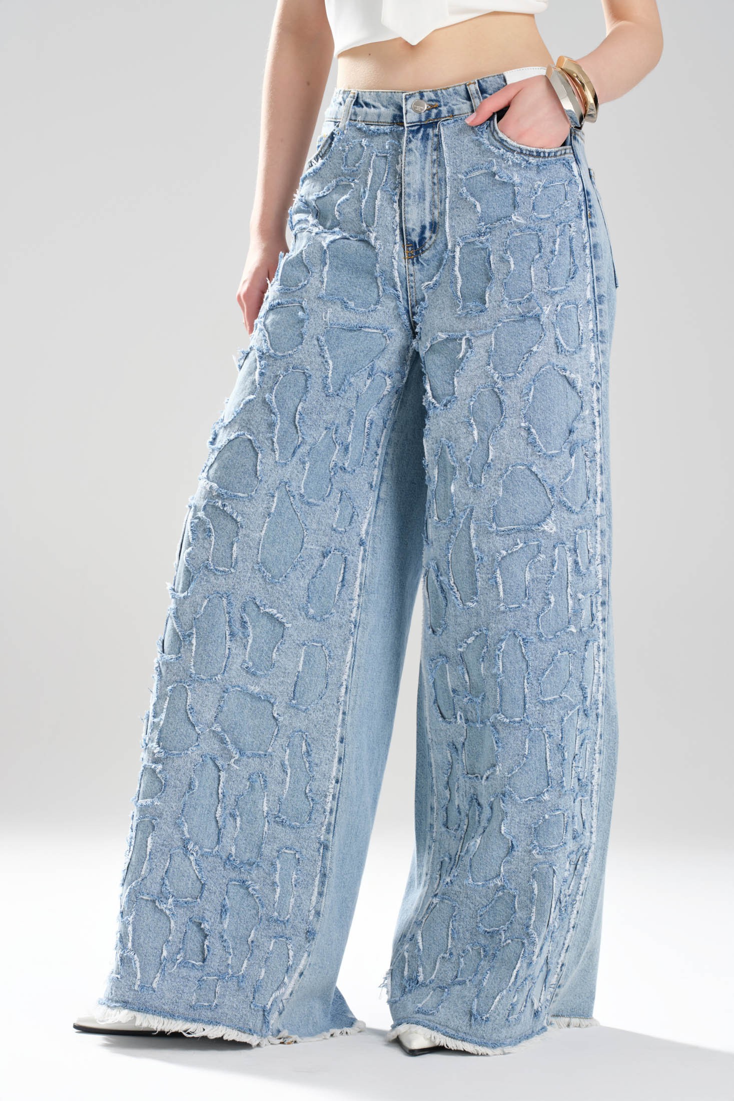 Kadın Denim Aplikeli Tasarım Palazzo Jean
