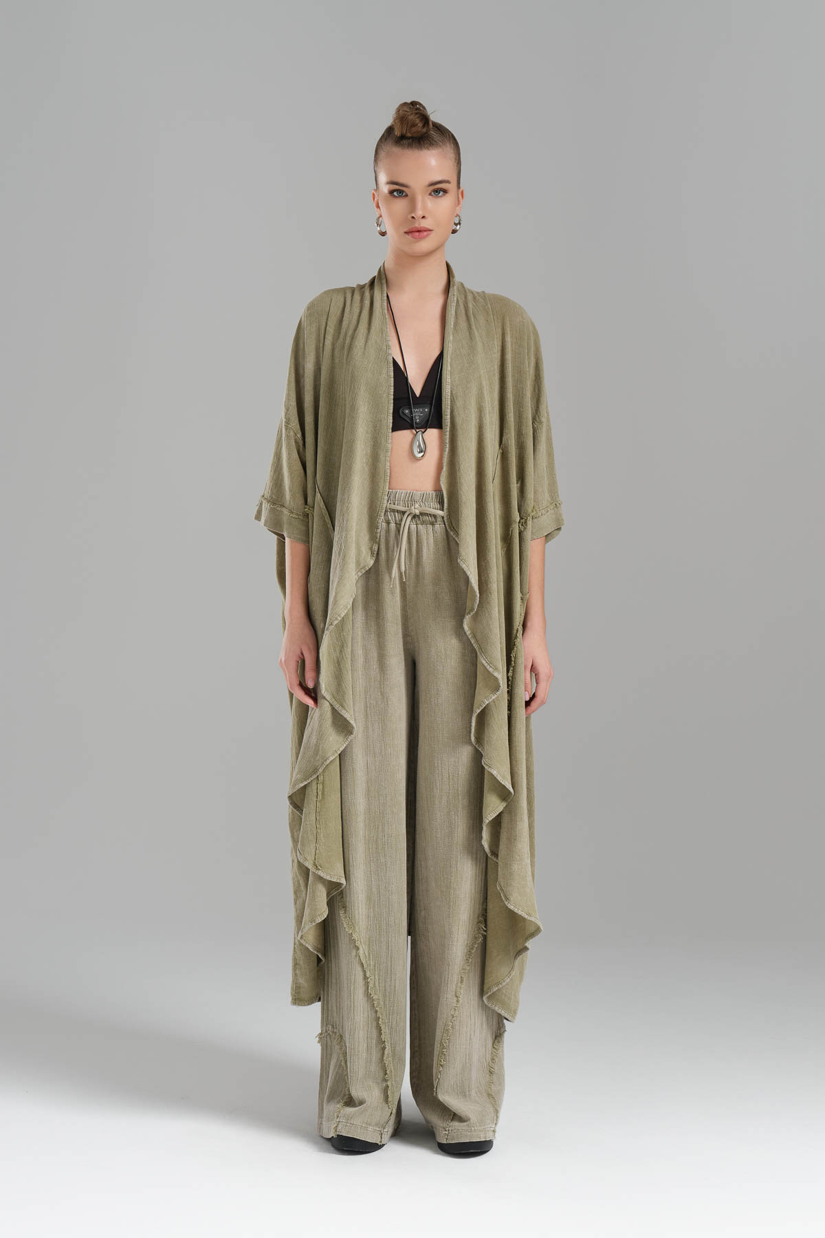 Kadın Parçaboya Keten Oversize Tasarım Uzun Ceket 