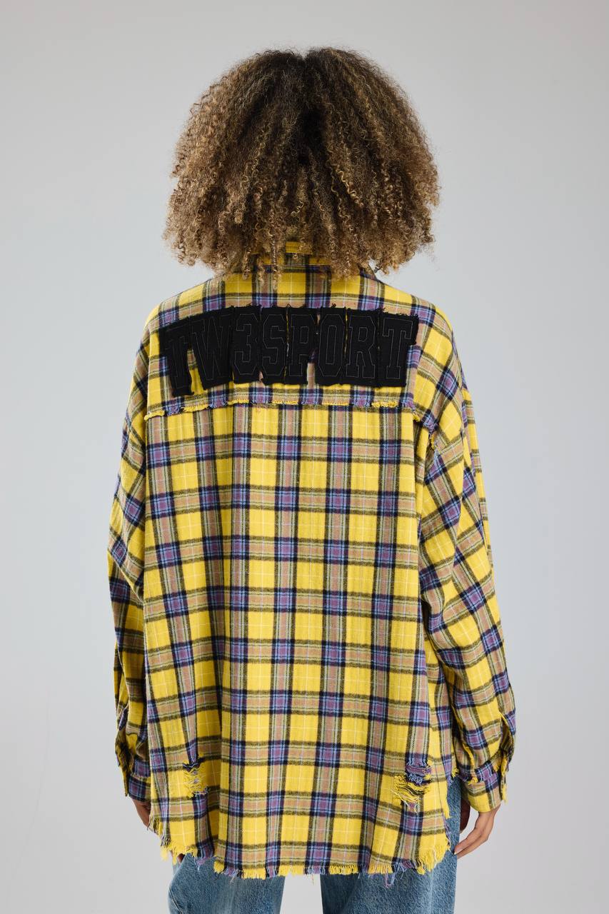 Kadın Ekose Kumaş Aplike ve Eskitme Detaylı Tasarım Gömlek