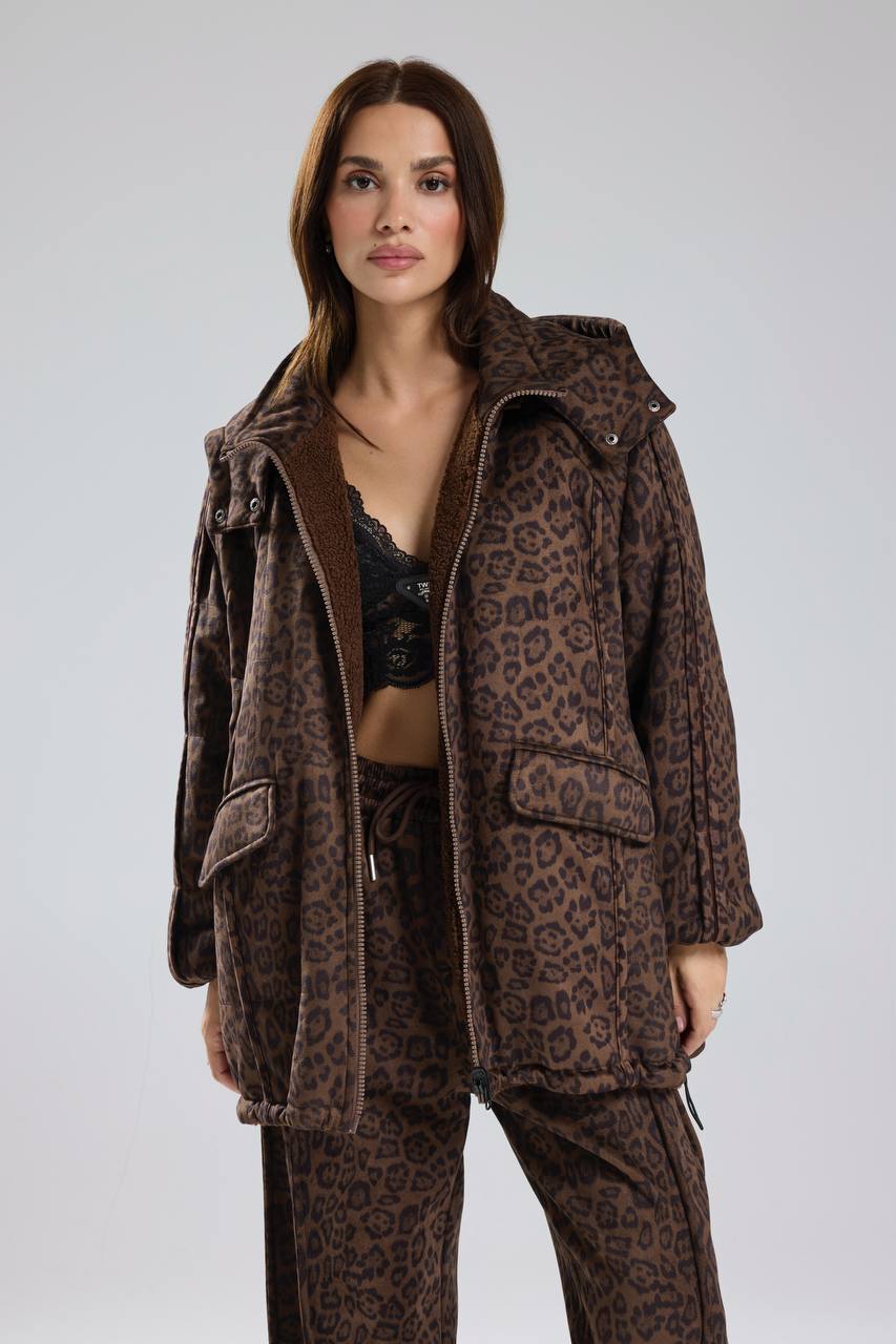 Kadın Leopar Süet Kumaş Çift Taraflı Giyilebilen Peluş Tasarım Mont Kaban