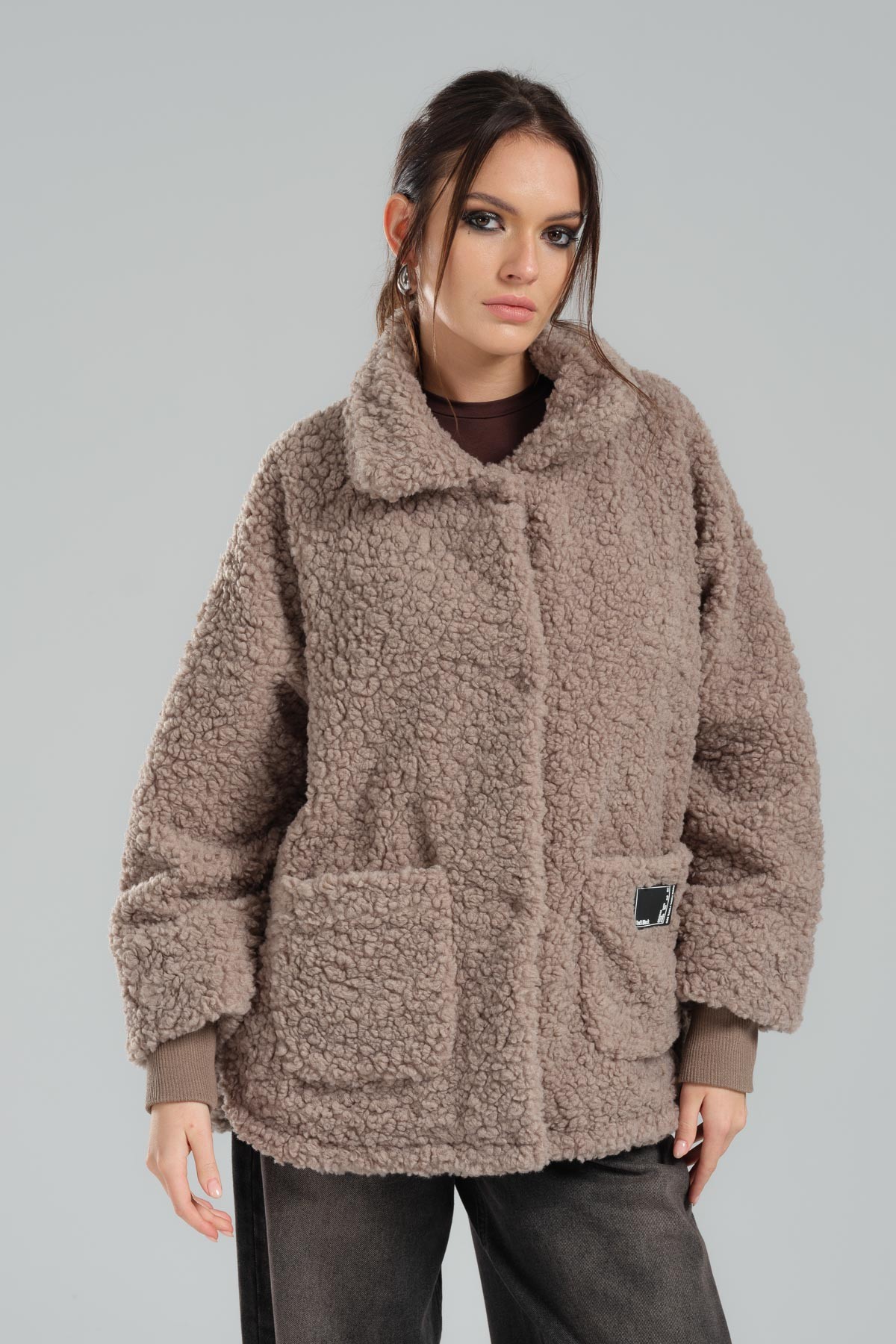 Çift Cepli Oversize Peluş Kadın Mont