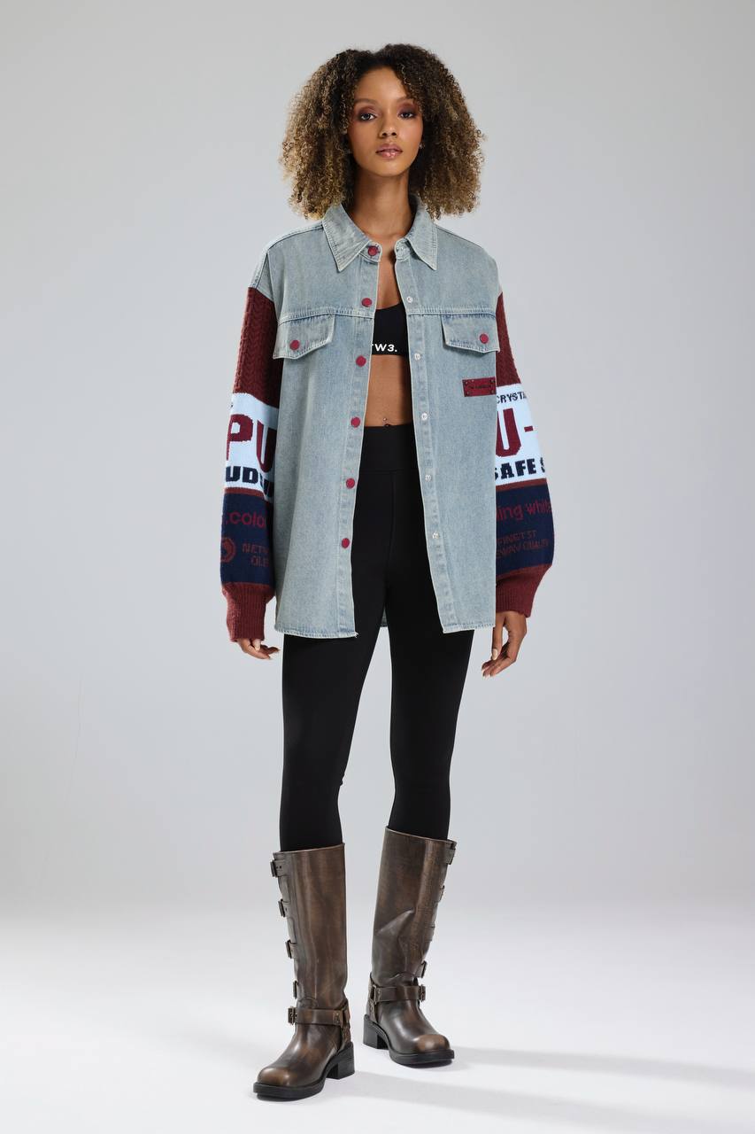 Kadın Kolları Triko Örgü Detaylı Denim Tasarım Gömlek Ceket