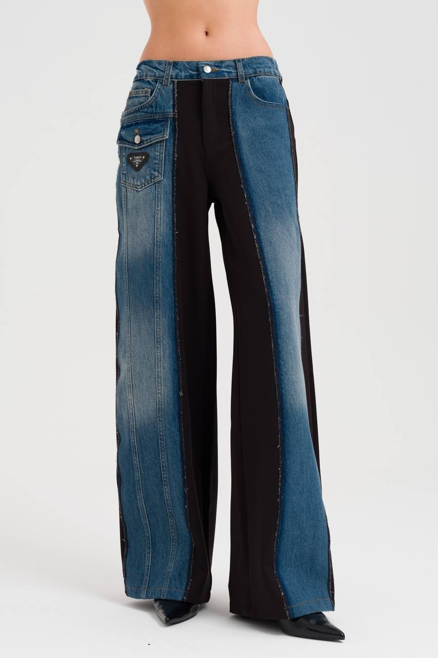 Denim Kumaş Garnili Kadın Tasarım Bol Paça Pantolon