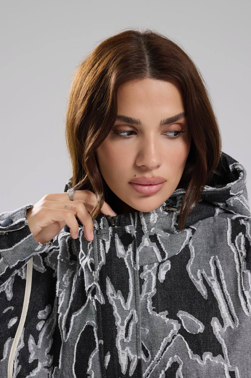 Kadın Desenli Denim Kumaş Kapüşonlu Tasarım Oversize Ceket