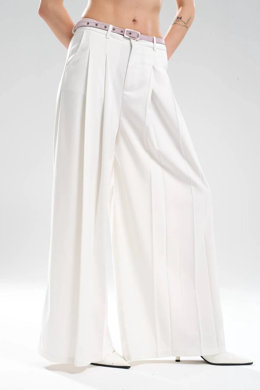 Kadın Çıkarılabilir Saten Kemer Detaylı Önü Pileli Tasarım Pantolon