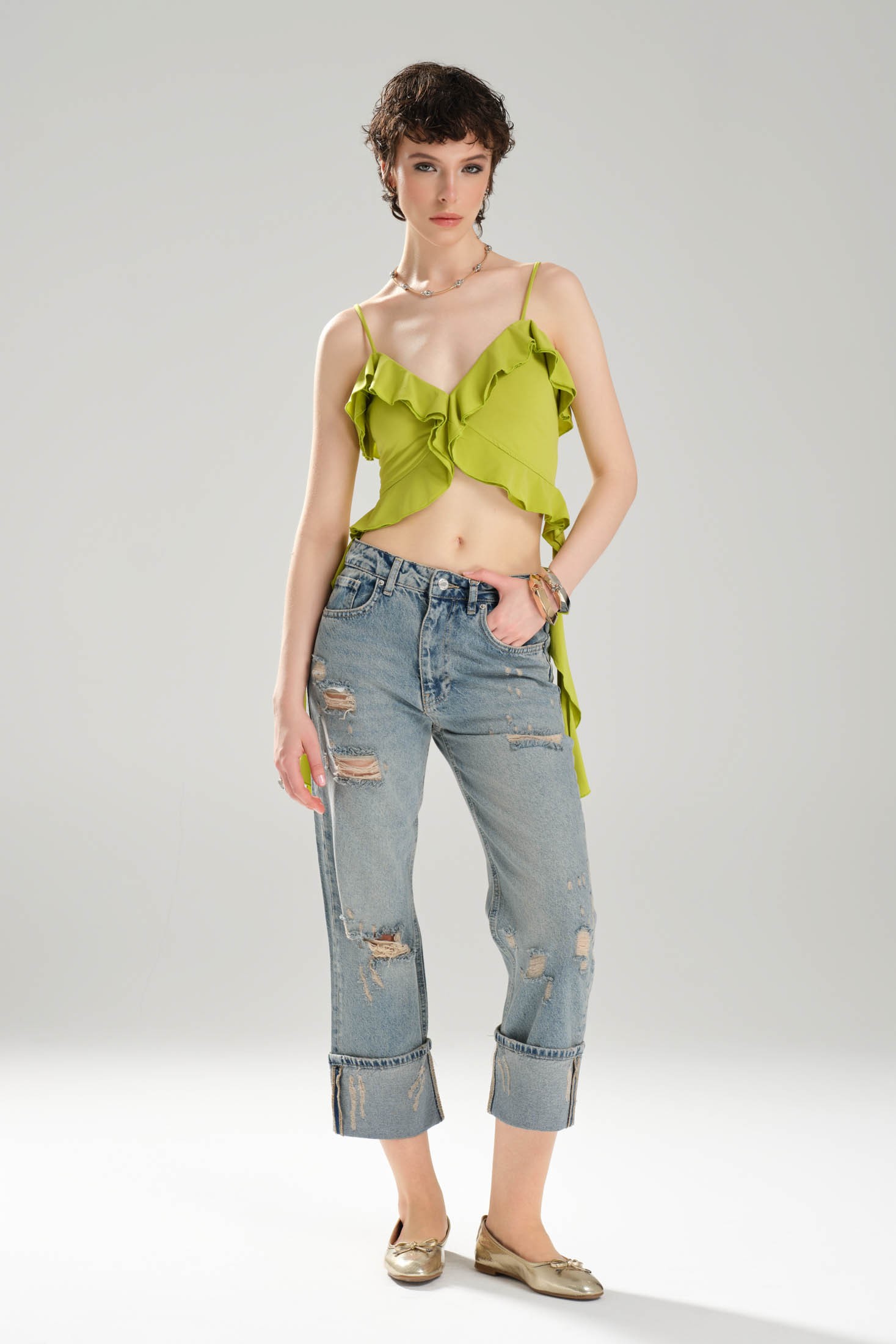 Kadın Askılı Fırfır Detaylı Tasarım Crop Bluz