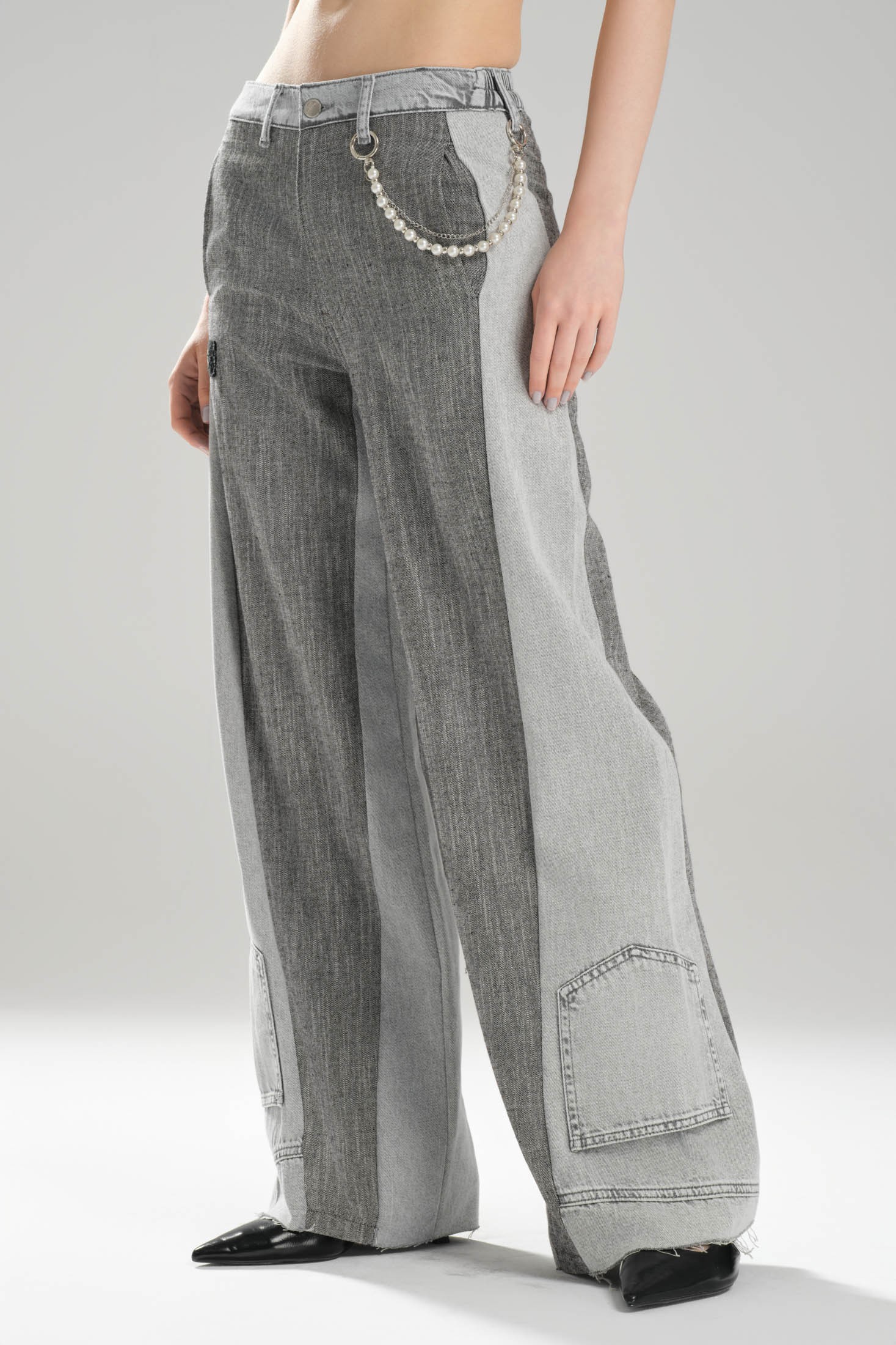 Kadın İnci Zincir Aksesuarlı Denim Kumaş Garnili Tasarım Pantolon