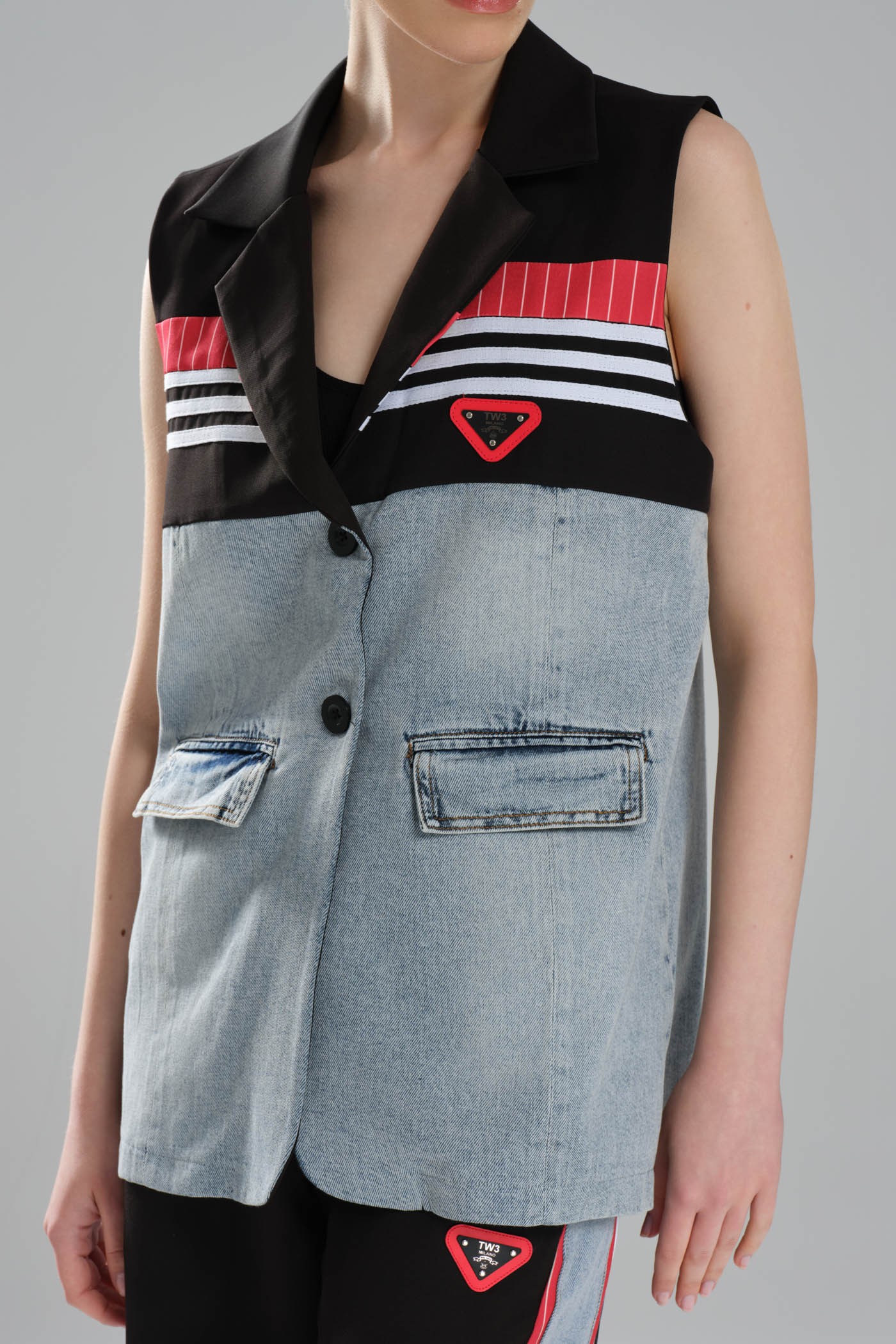Kadın Şerit Detaylı ve Denim Garnili Tasarım Oversize Yelek