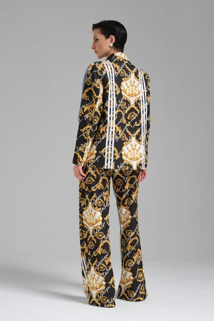 Women's Baroque Patterned Denim Fabric Garnished Leg Slit Design Palazzo Jean