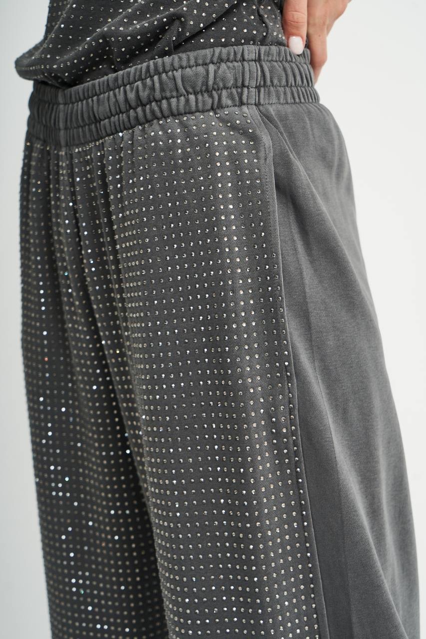 Yıkamalı Taşlı Beli Lastikli Bol Paça Pantolon