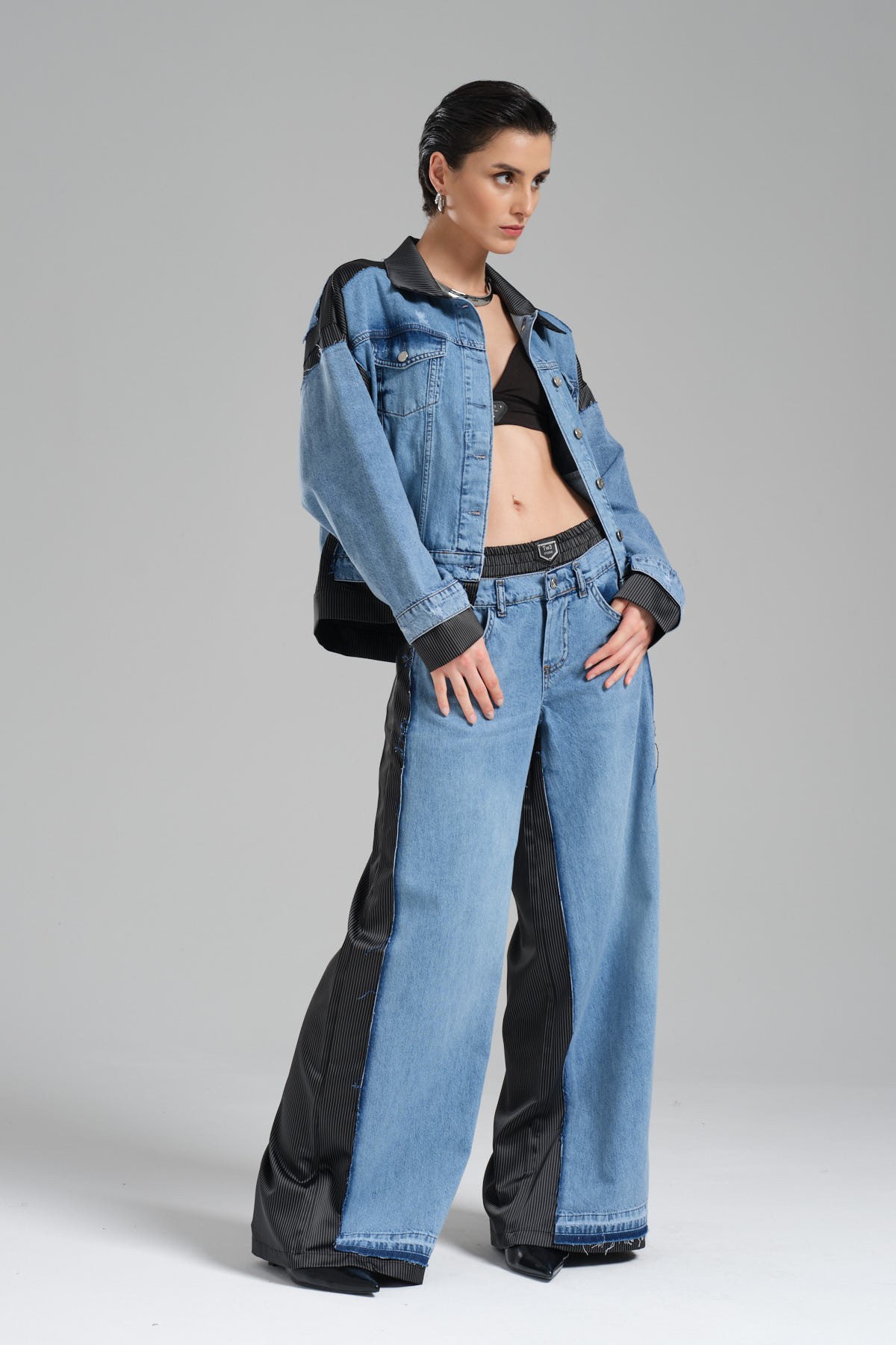 Kadın Denim ve Saten Garnili Tasarım Palazzo Pantolon