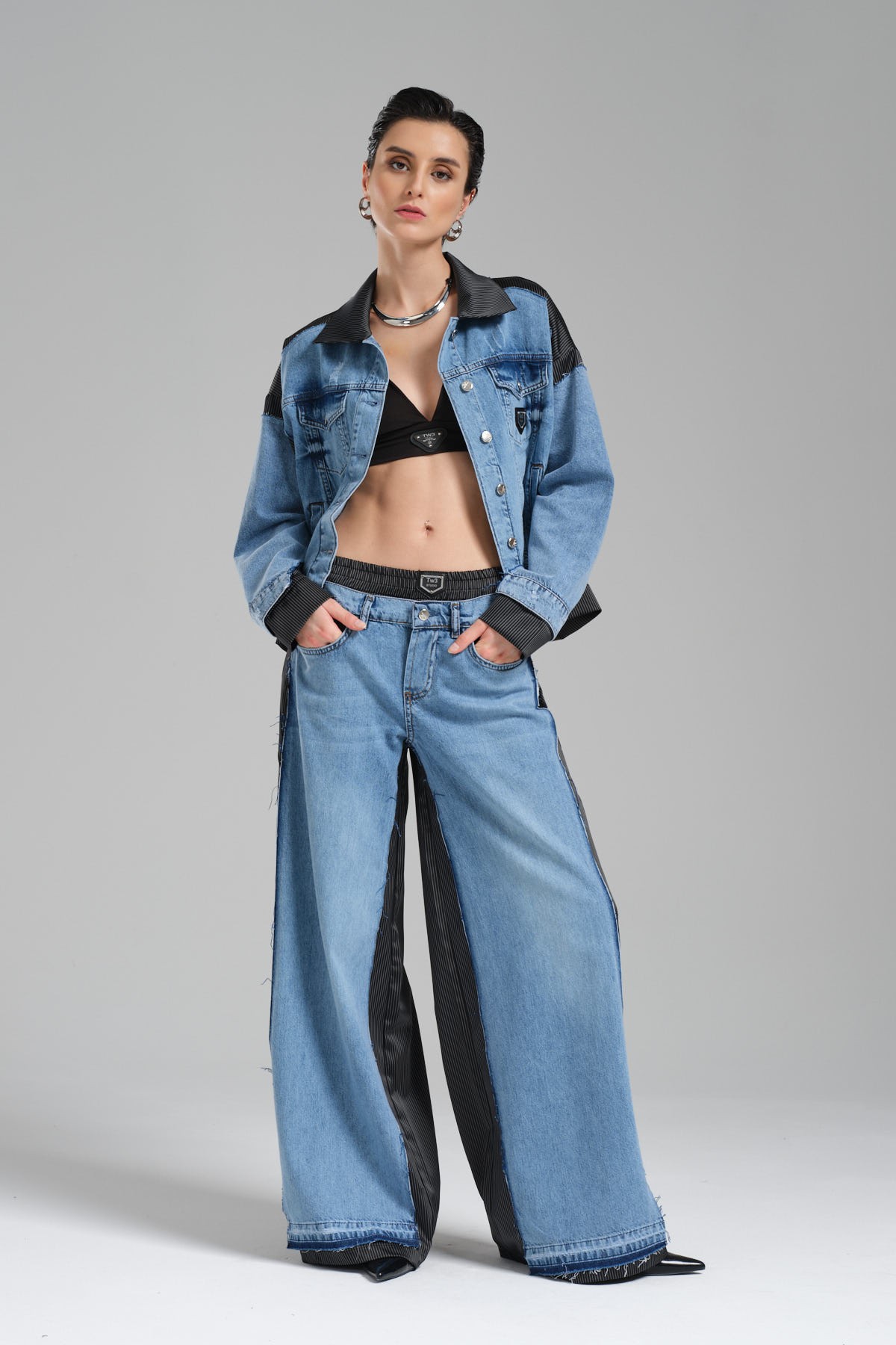 Kadın Denim ve Saten Garnili Tasarım Palazzo Pantolon