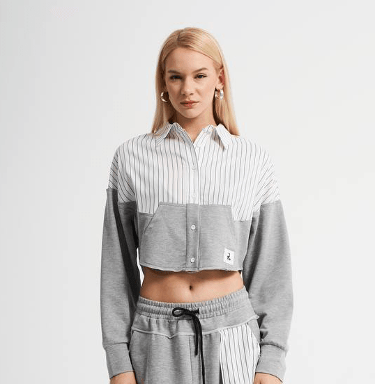 Kadın Çizgi Detaylı Örme Kumaş Tasarım Crop Gömlek