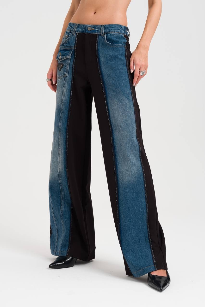 Denim Kumaş Garnili Kadın Tasarım Bol Paça Pantolon