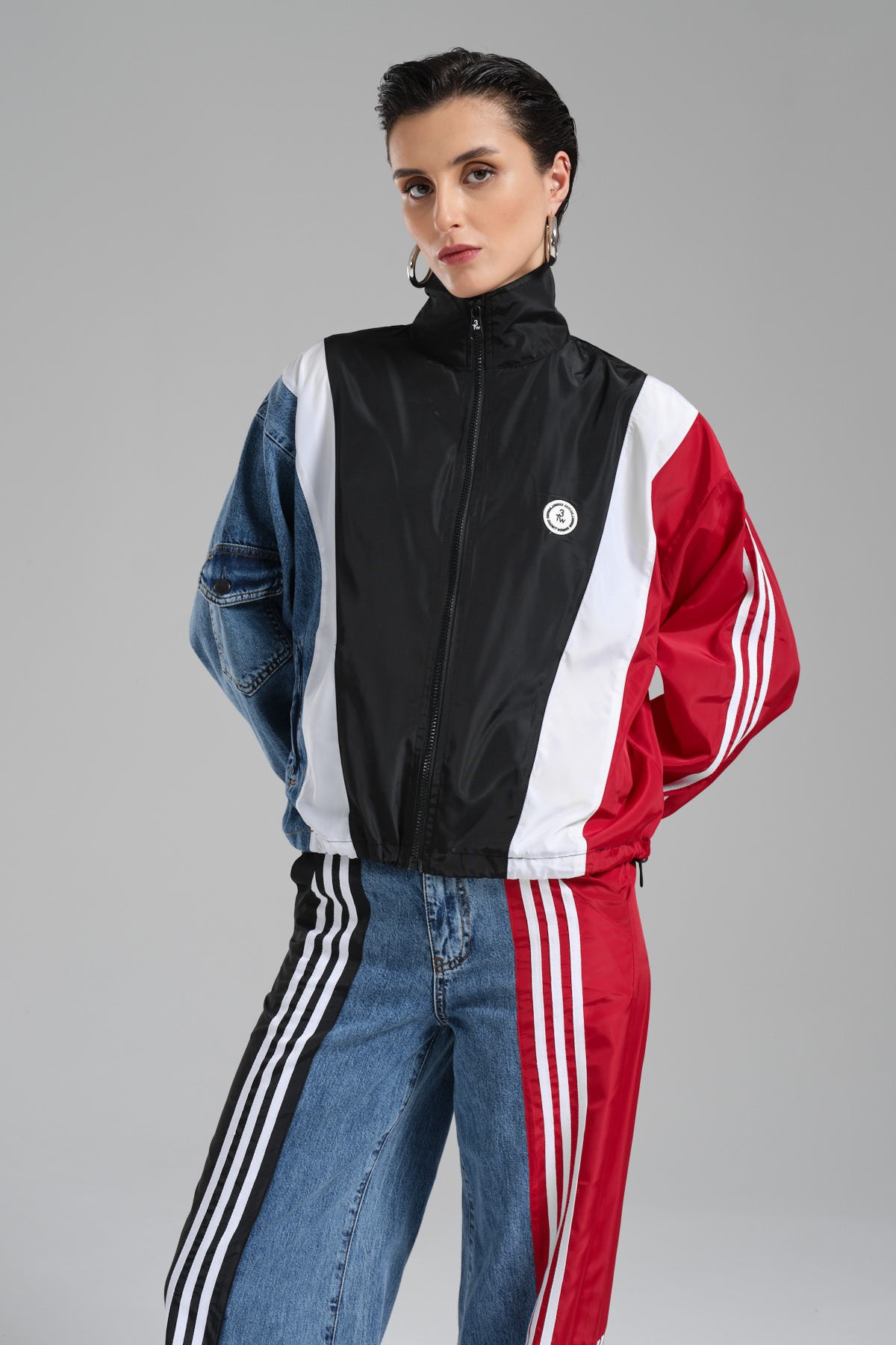 Kadın Denim ve Paraşüt Kumaş Garnili Tasarım Bomber Ceket