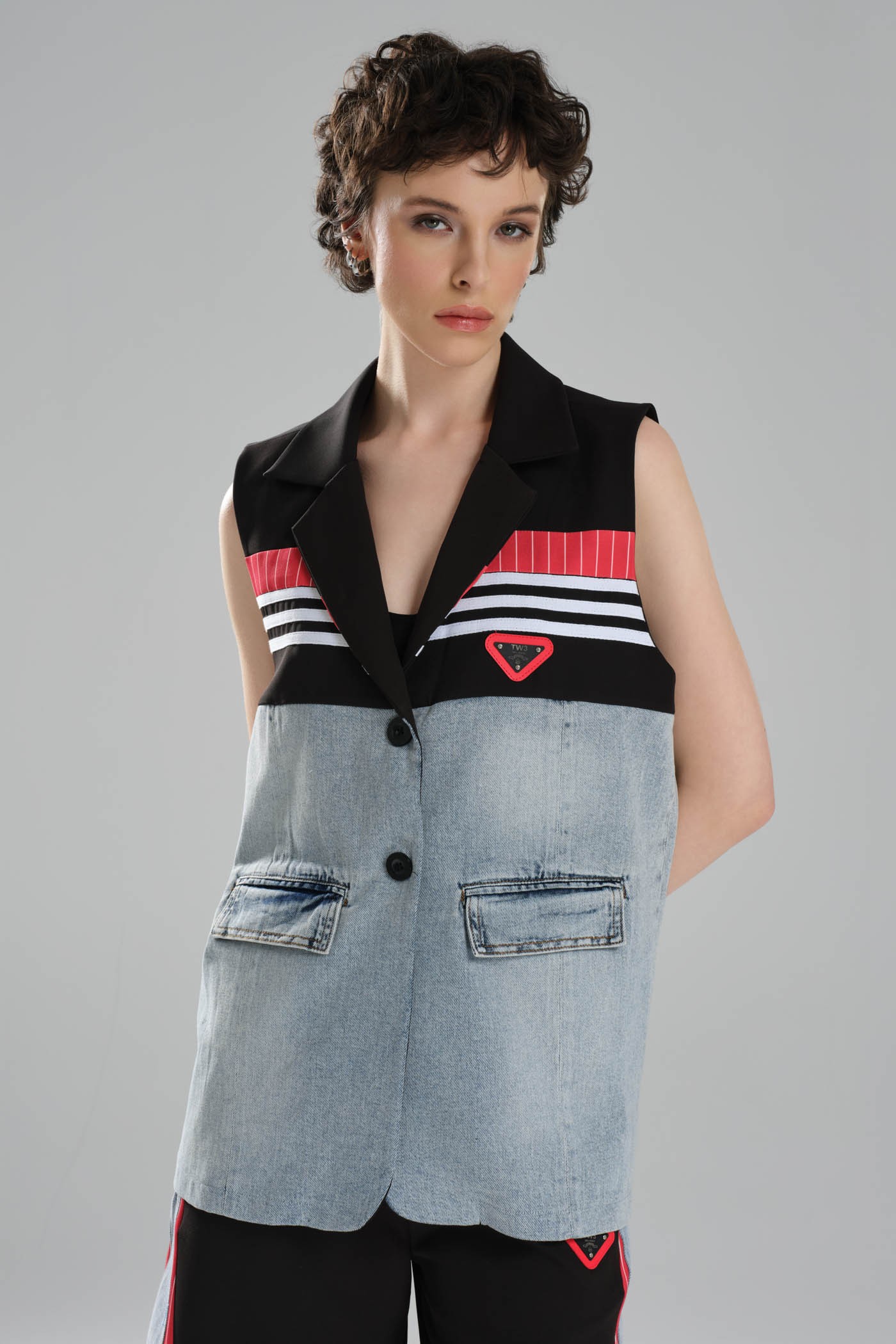 Kadın Şerit Detaylı ve Denim Garnili Tasarım Oversize Yelek