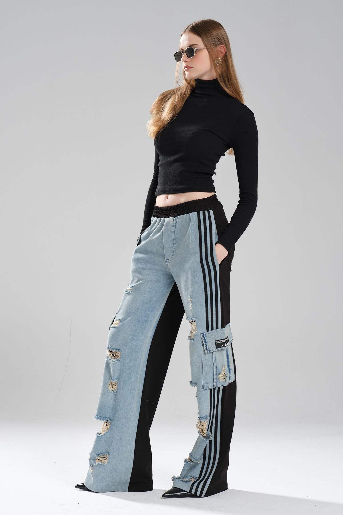 Kadın Arkası Örme Önü Denim Şerit Detaylı Tasarım Palazzo Fit Pantolon