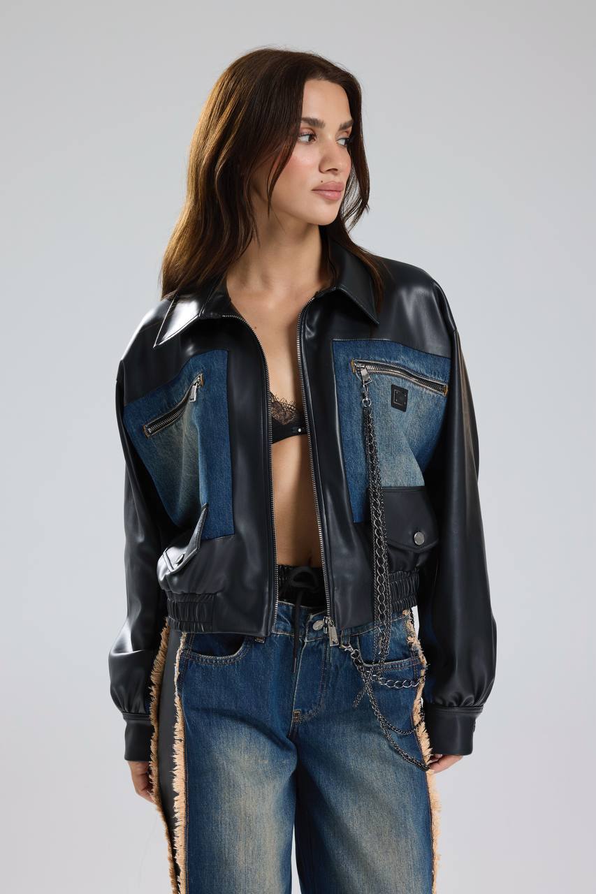 Kadın Denim Garnili Zincir Detaylı Suni Deri Tasarım Ceket