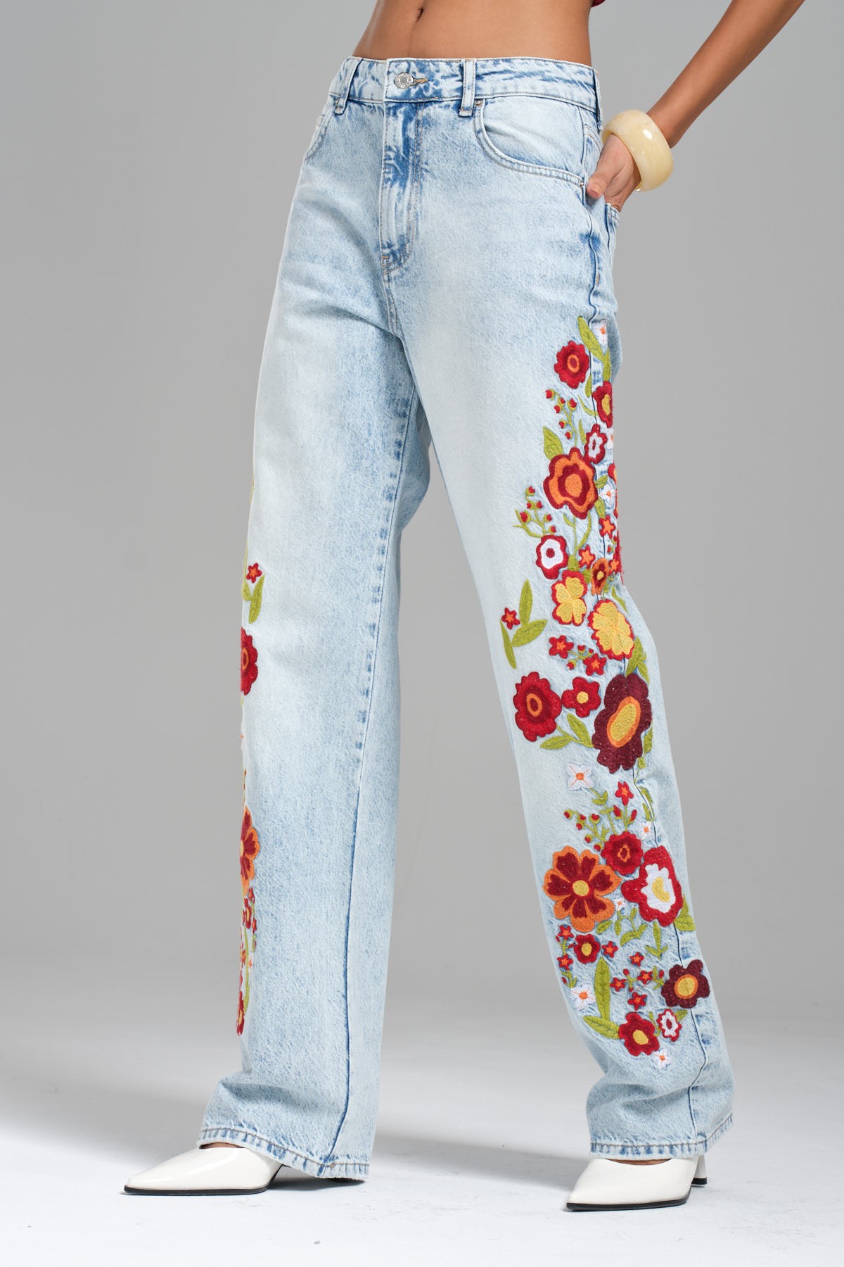 Kadın Snow Kot Rengi Çiçek Nakışlı Loose Fit Jean