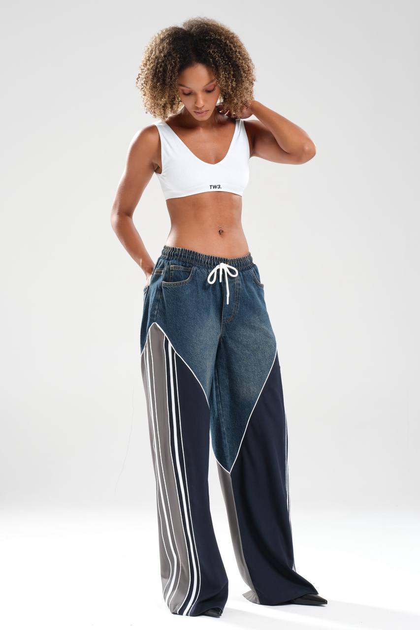 Kadın Denim Garnili Şerit Detaylı Tasarım Pantolon