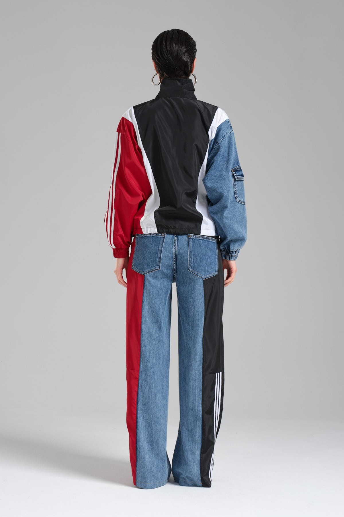 Kadın Denim ve Paraşüt Kumaş Garnili Tasarım Bomber Ceket