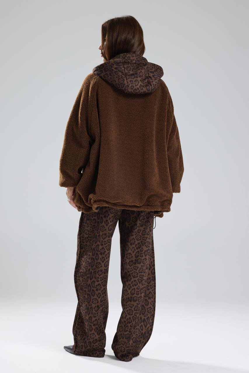 Kadın Leopar Süet Kumaş Çift Taraflı Giyilebilen Peluş Tasarım Mont Kaban