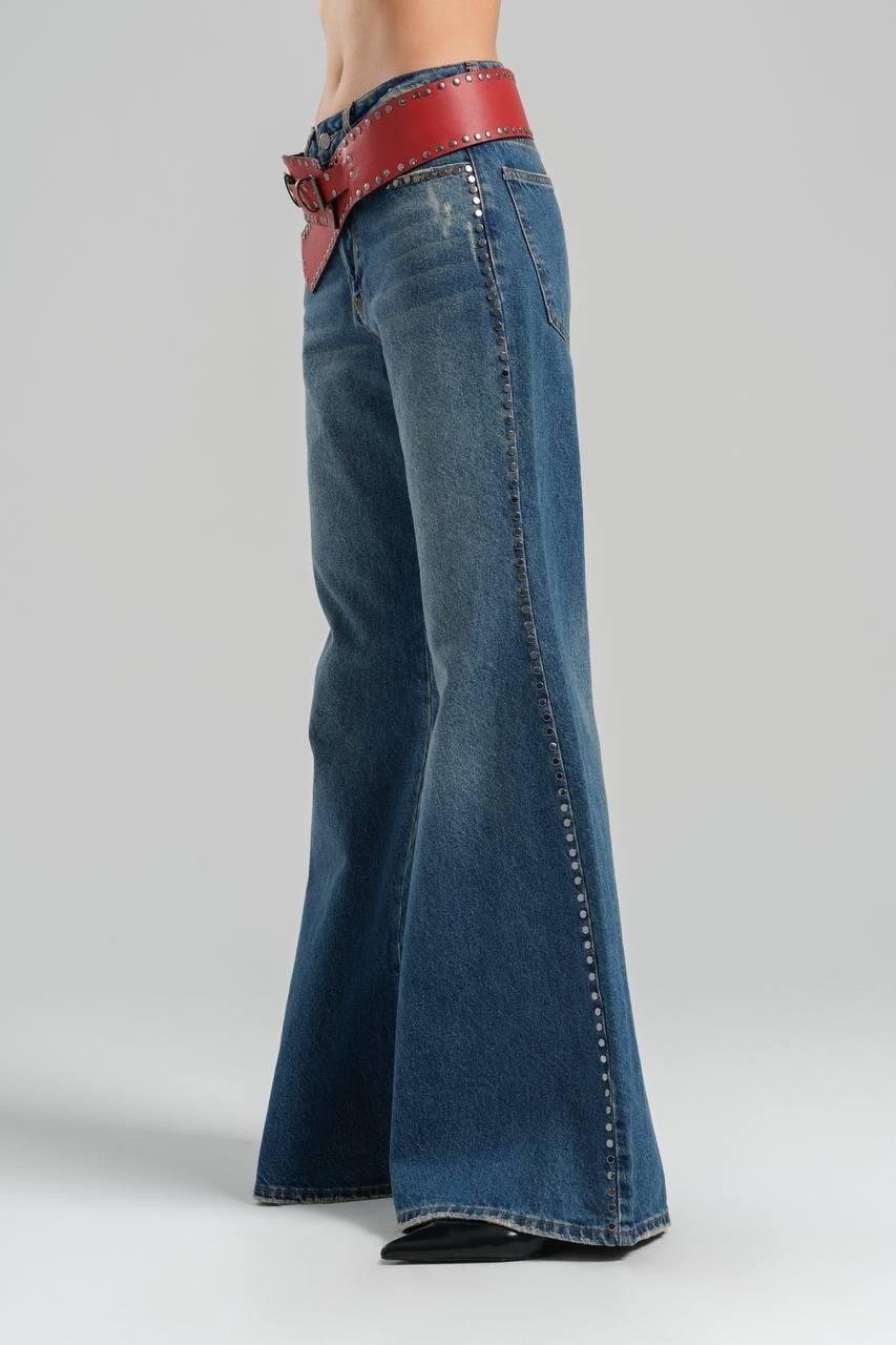 Leather Belted, Trokk Embroidered Flare Jeans