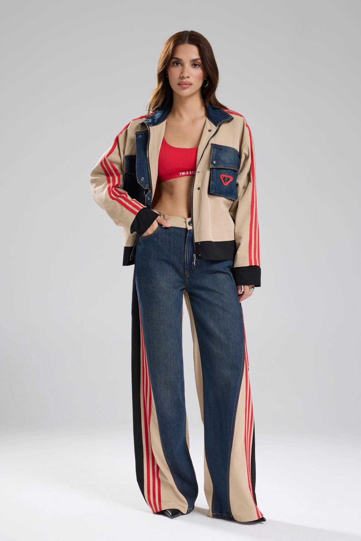 Kadın Şerit Detaylı Denim Garnili Tasarım Ceket