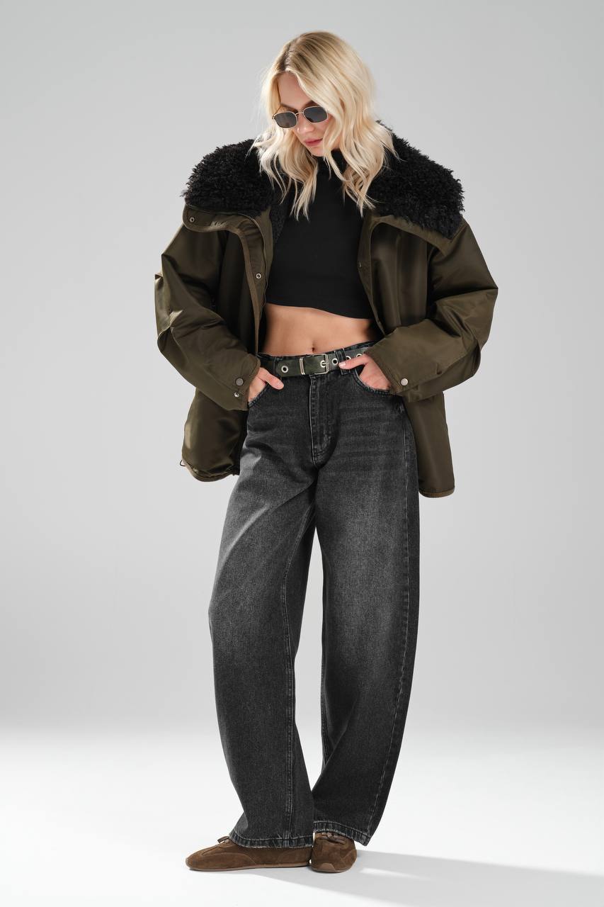 Kadın Yakası Kürklü İç Kısmı Peluş Astarlı Su Geçirmez Tasarım Mont Kaban