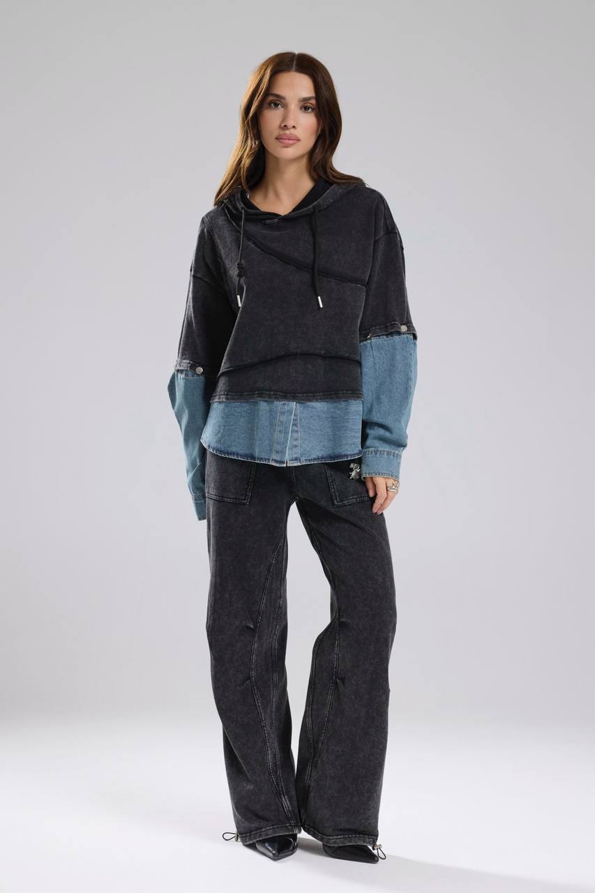 Kadın Denim Garnili Kolları Ayrılabilen Yıkamalı Tasarım Sweatshirt