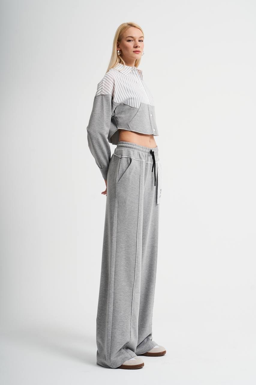 Kadın Çizgi Detaylı Örme Kumaş Tasarım Crop Gömlek