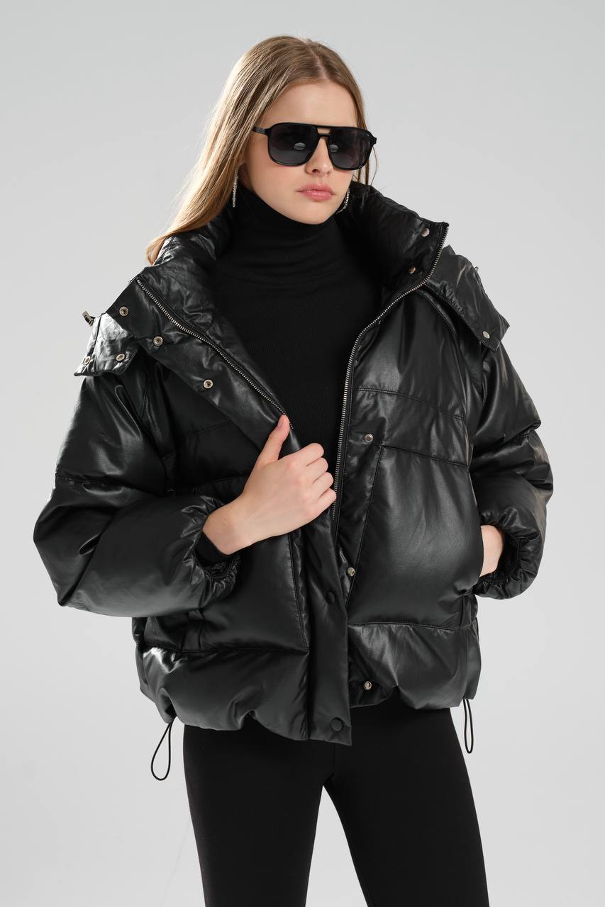 Kadın Suni Deri Kaz Tüyü Dolumlu Kapşonlu Tasarım Mont