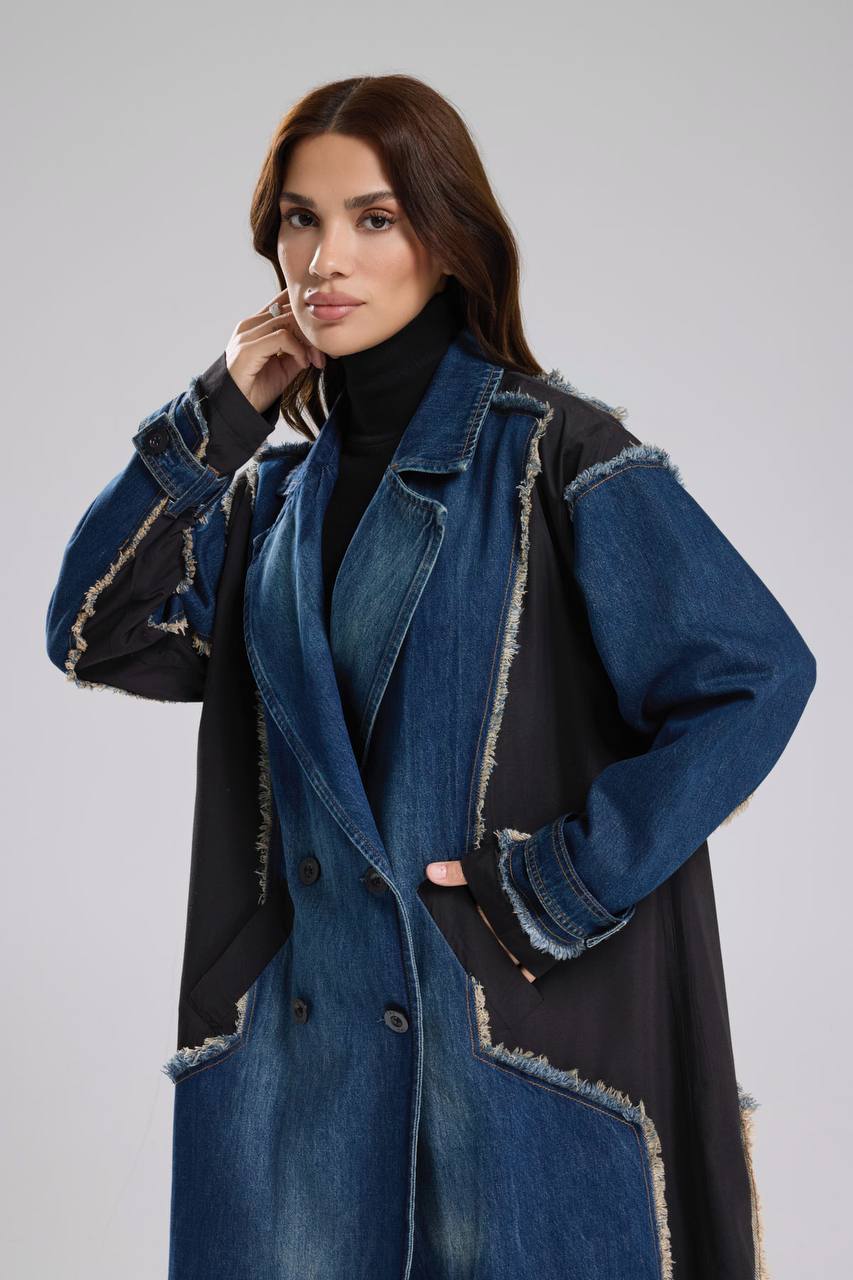 Kadın Denim Garnili Dokuma Kumaş Karışımlı Tasarım Trençkot