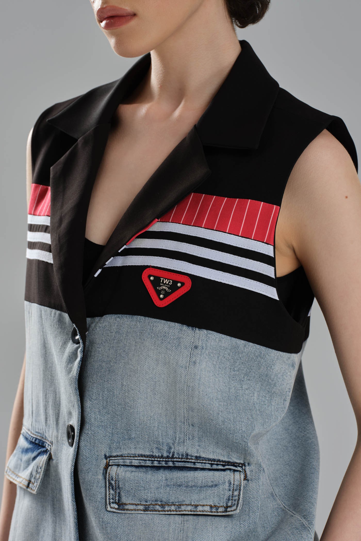 Kadın Şerit Detaylı ve Denim Garnili Tasarım Oversize Yelek