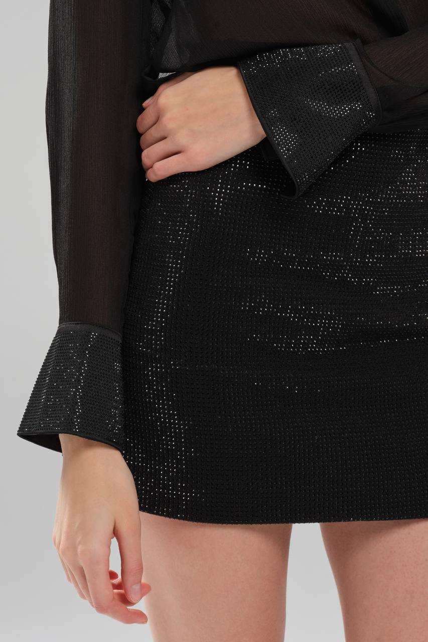 Kadın Triko Kumaş Sıvama Taşlı İçi Şortlu Tasarım Mini Etek