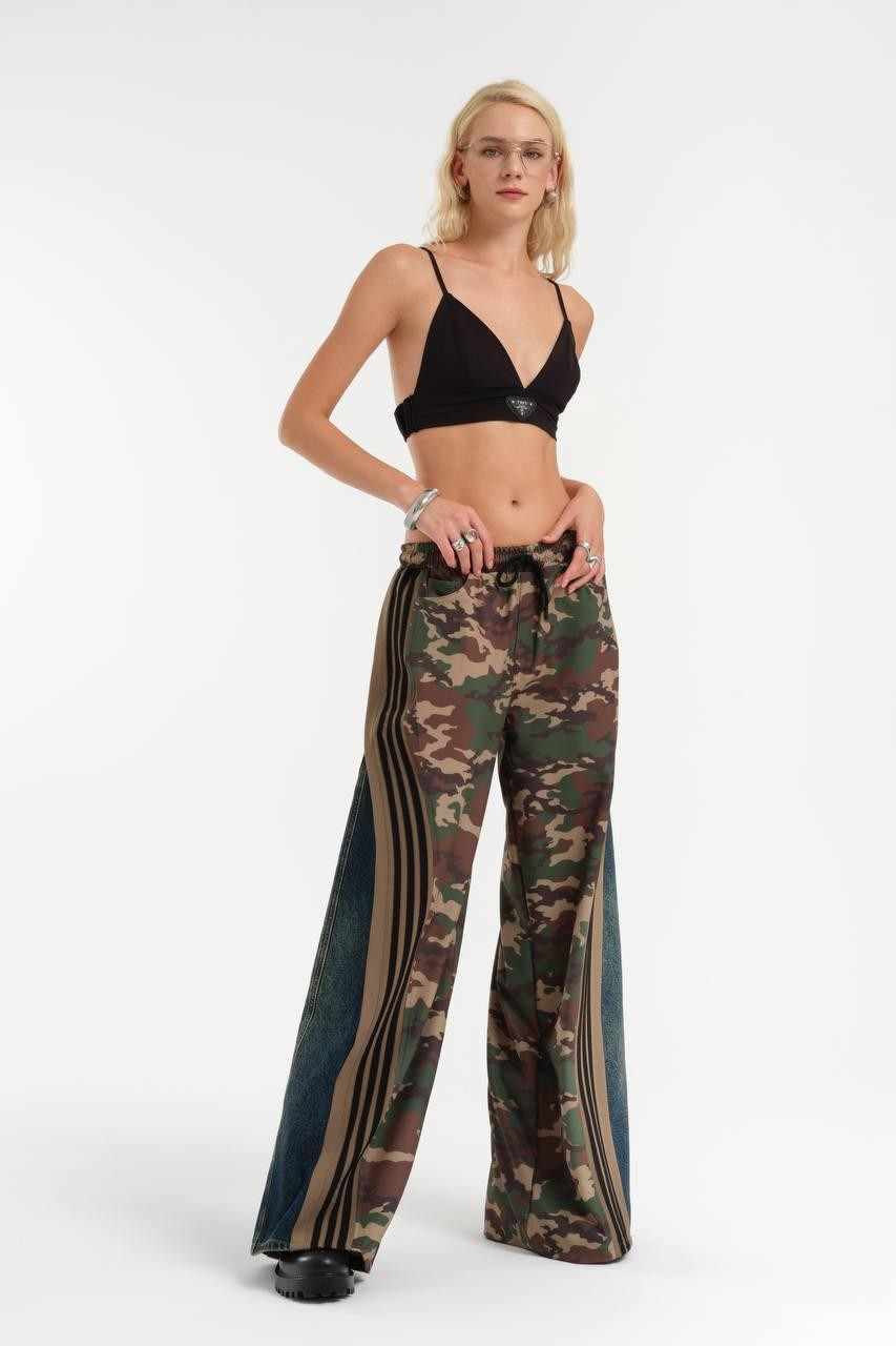 Camouflage Printed Denim Detailed Wide Leg Trousers