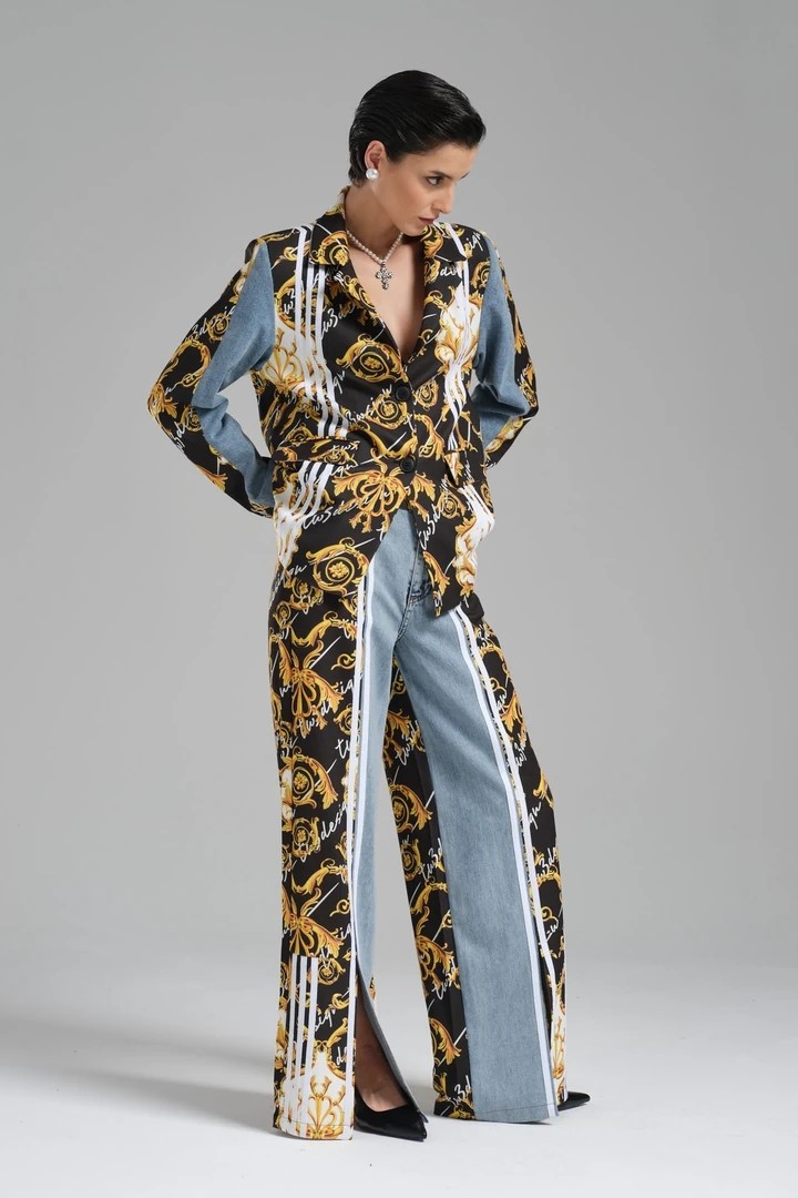 Women's Baroque Patterned Denim Fabric Garnished Leg Slit Design Palazzo Jean