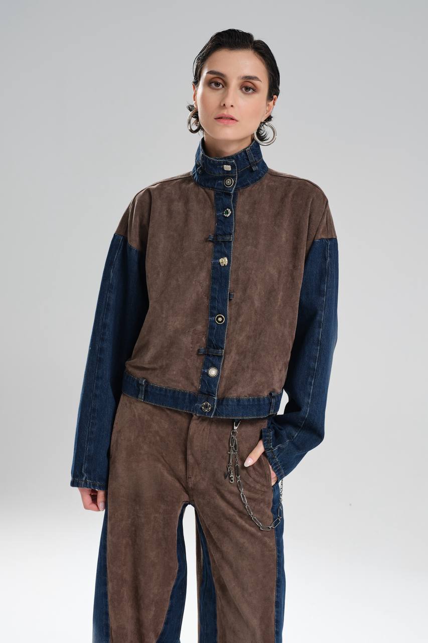 Kadın Süet Kumaş Garnili Düğme Detaylı Tasarım Ceket