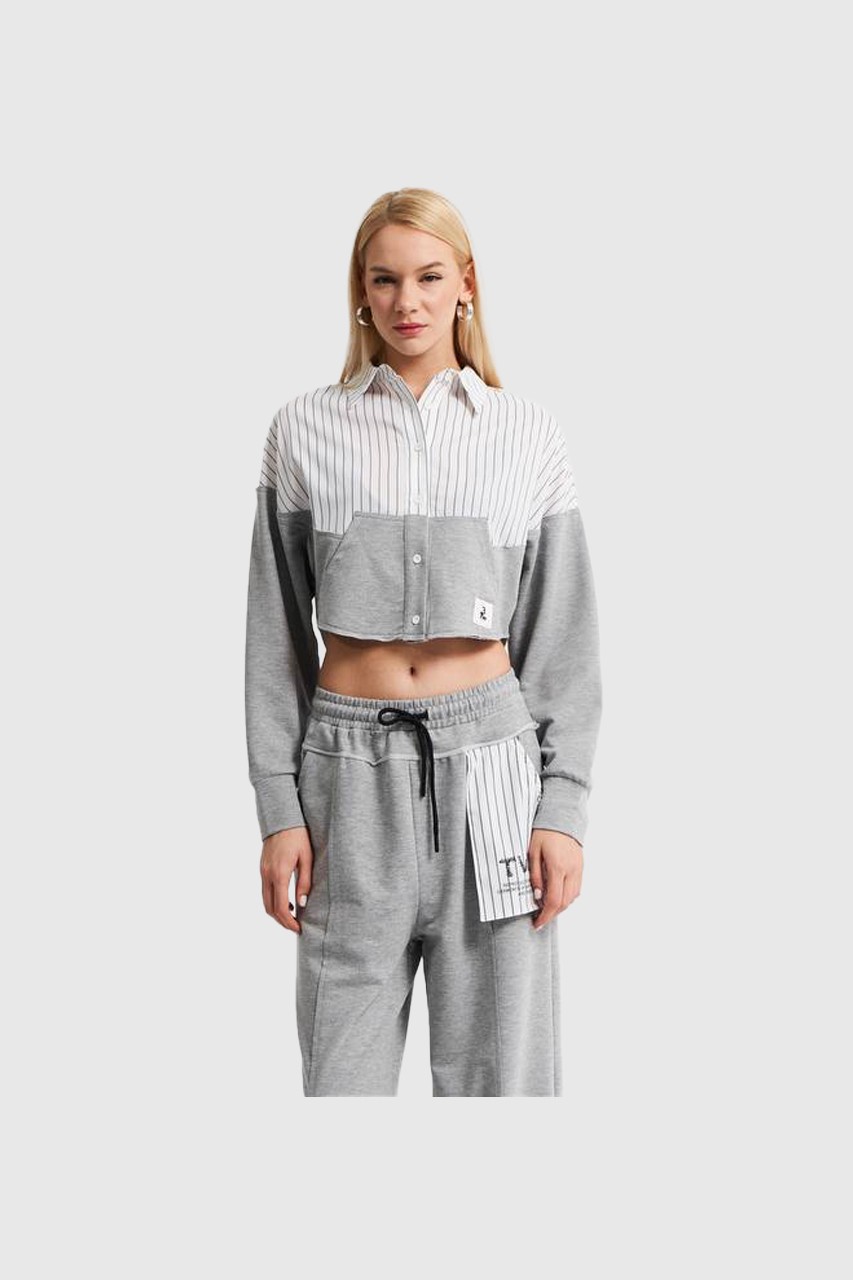 Kadın Çizgi Detaylı Örme Kumaş Tasarım Crop Gömlek