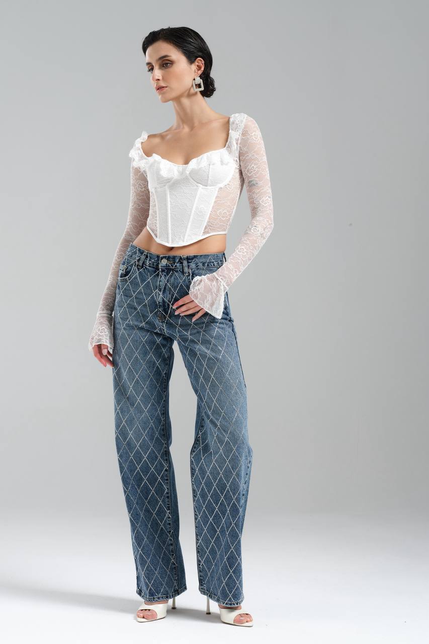 Kadın Dantel Kumaş Ön Kısmı Korse Arka Kısmı Dantel Tasarım Crop Bluz