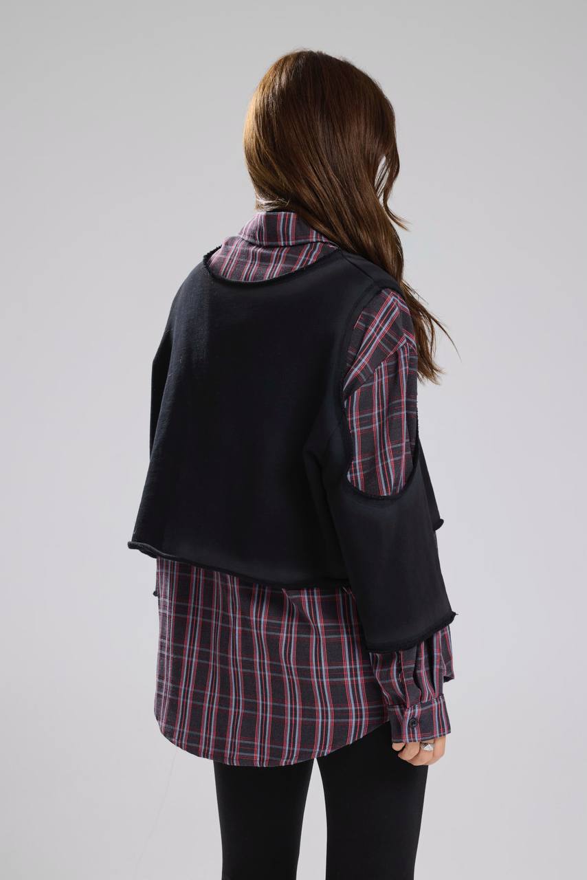 Kadın Ekose ve Örme Kumaş Garnili Tasarım Gömlek
