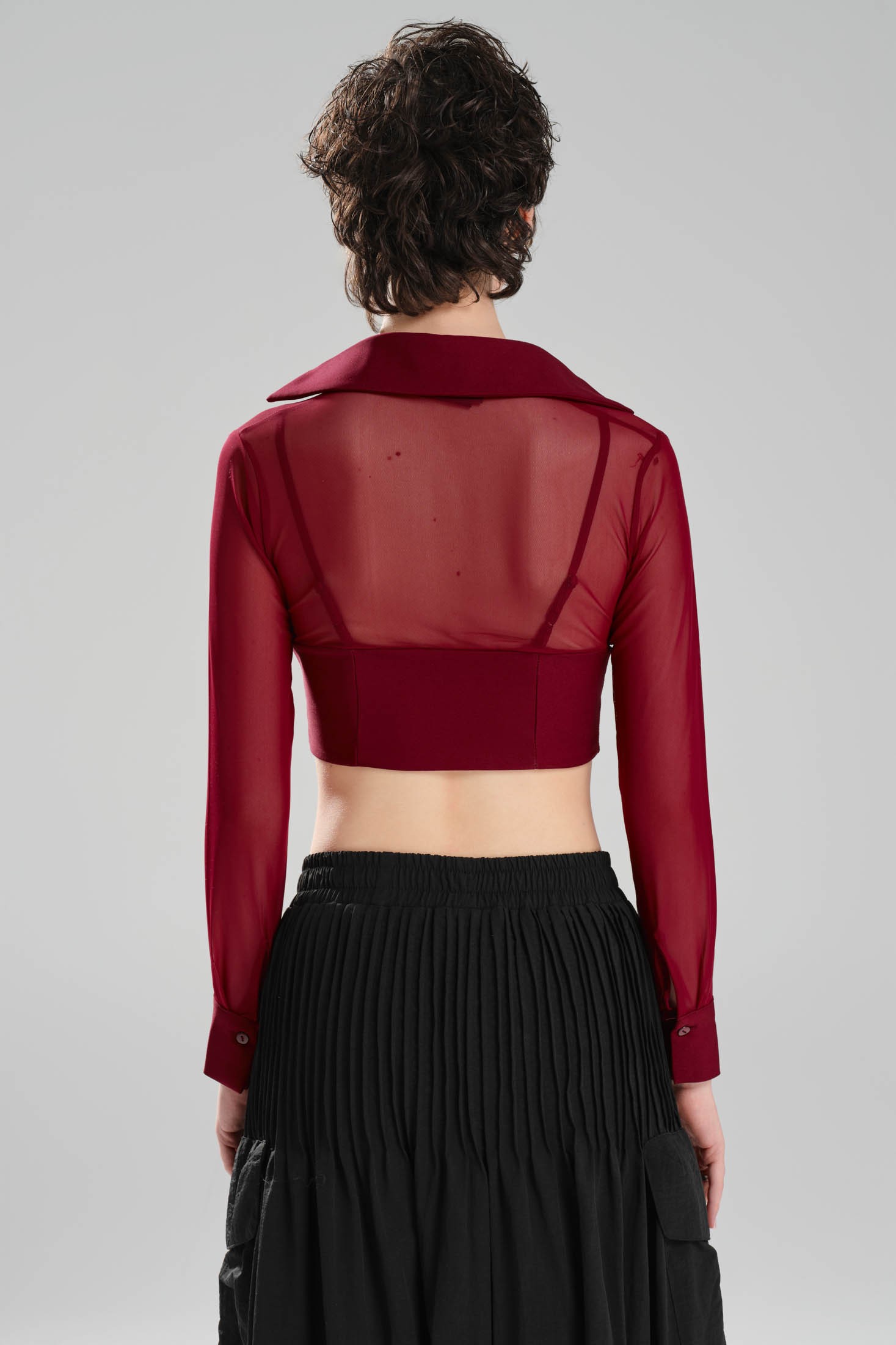 Kadın Bel Kısmı Korse Detaylı Tül Tasarım Crop Bluz