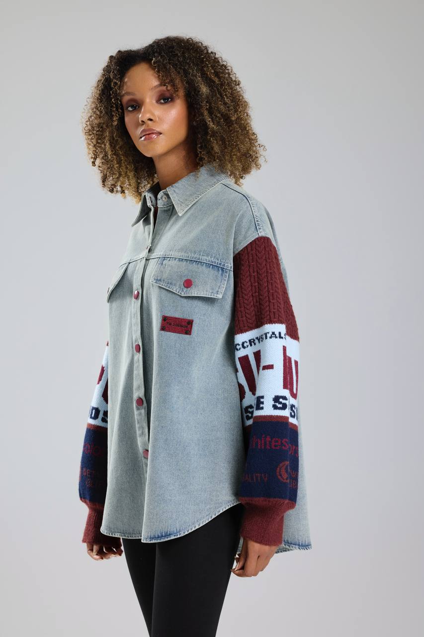Kadın Kolları Triko Örgü Detaylı Denim Tasarım Gömlek Ceket