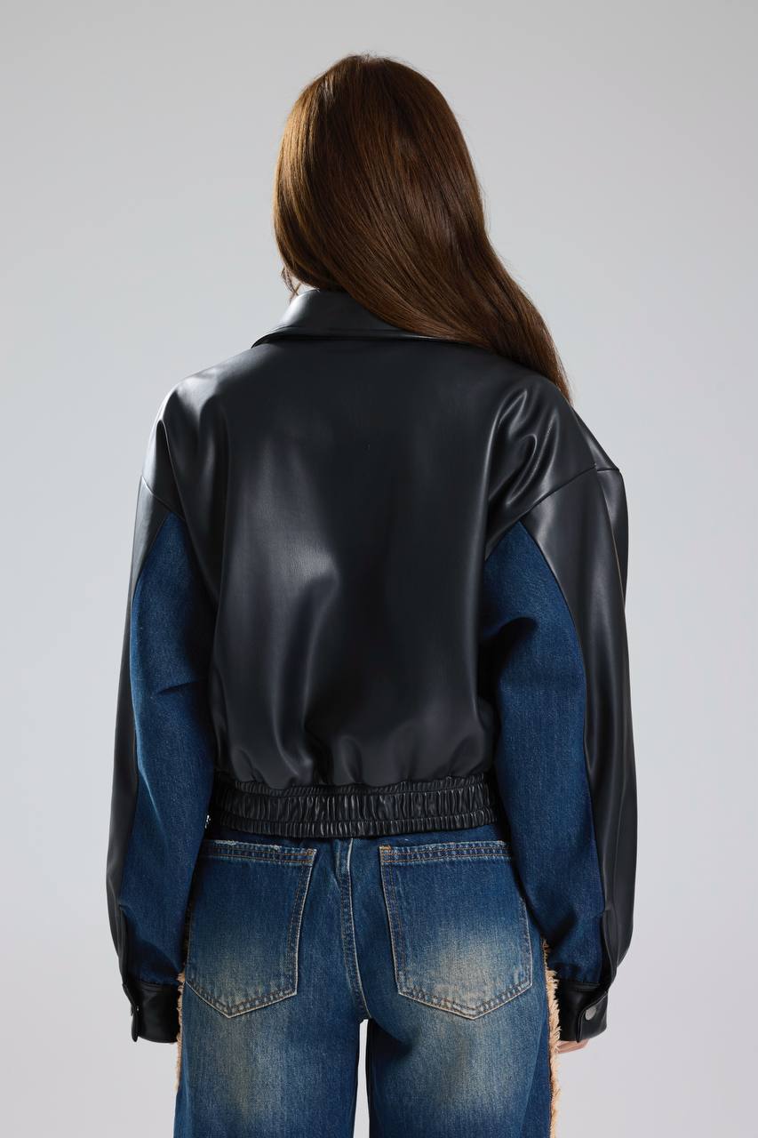 Kadın Denim Garnili Zincir Detaylı Suni Deri Tasarım Ceket