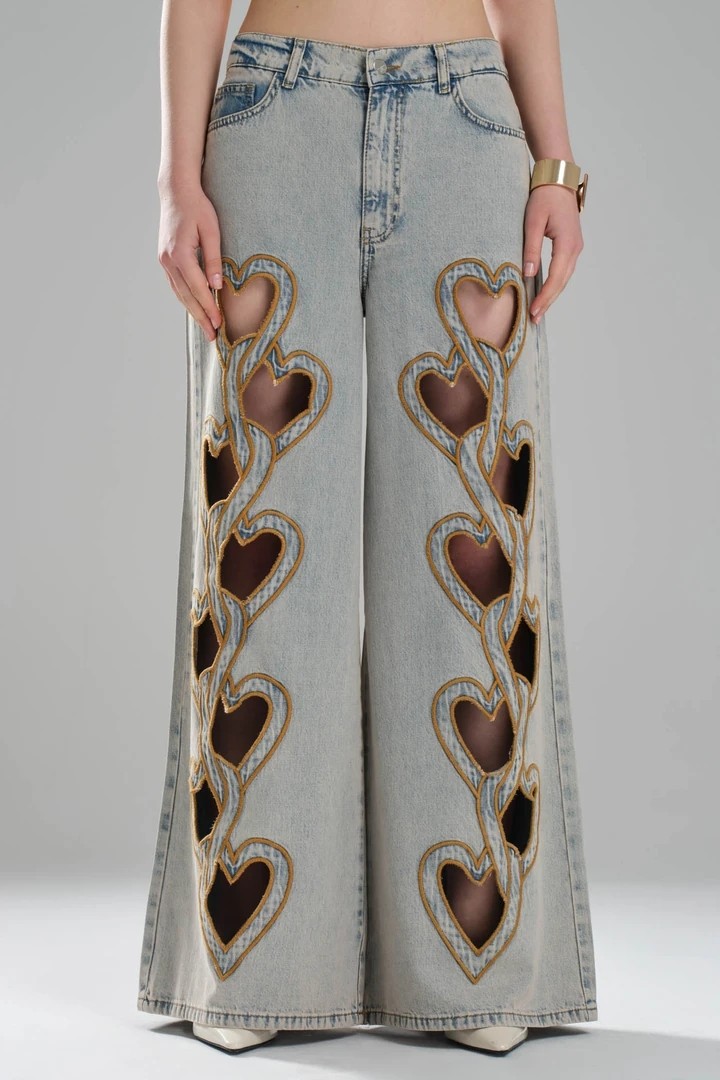Kadın Kalp Nakışlı Tasarım Denim Palazzo Jean