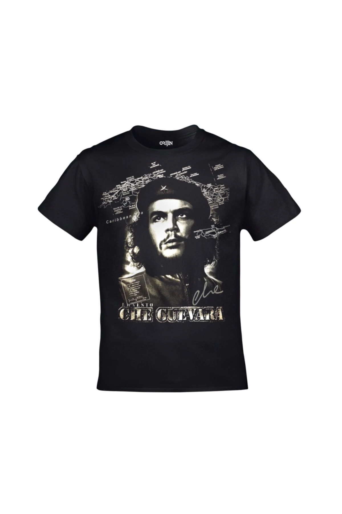 Unisex Siyah Ernesto Che Guevara Harita Baskılı T-shirt